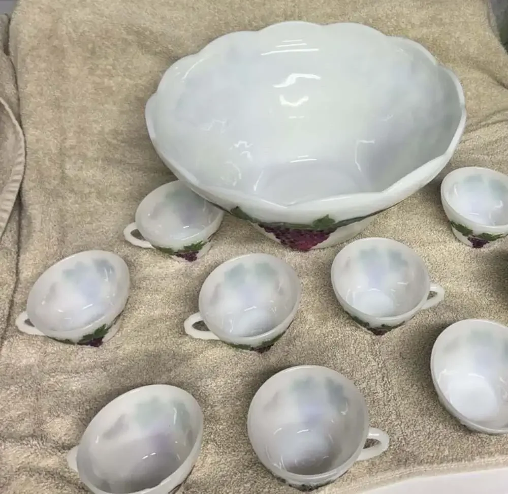 Vintage Anchor Hocking Milk Glass Grapevine Pattern Punch Bowl Set
